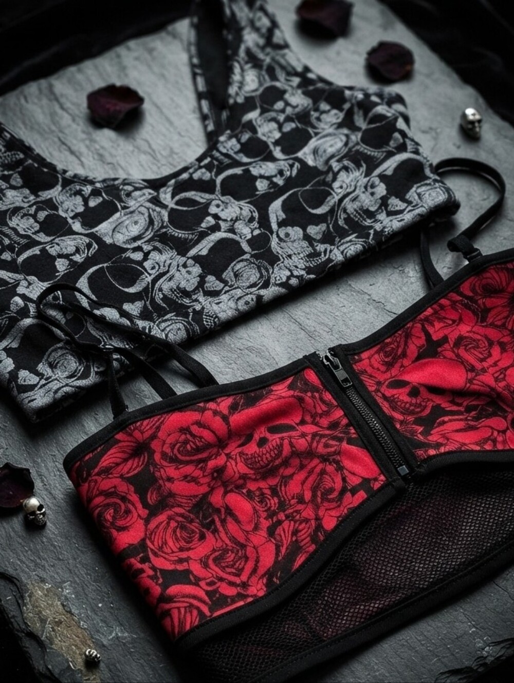 Lot of Two Bralettes Skull & Rose Print, Bandeau Tops, Fishnet, Hot Topic